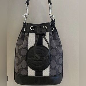Coach Mini Dempsey Bucket Bag in Signature Jacquard with Stripe and Coach Patch